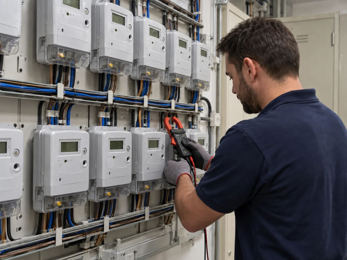 Electricista de CADI revisando el contador y la derivación individual antes de un aumento de potencia