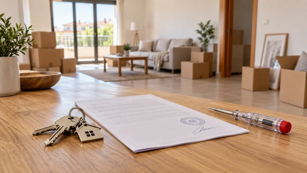 Llaves de una vivienda junto a un certificado de instalación eléctrica sobre una mesa