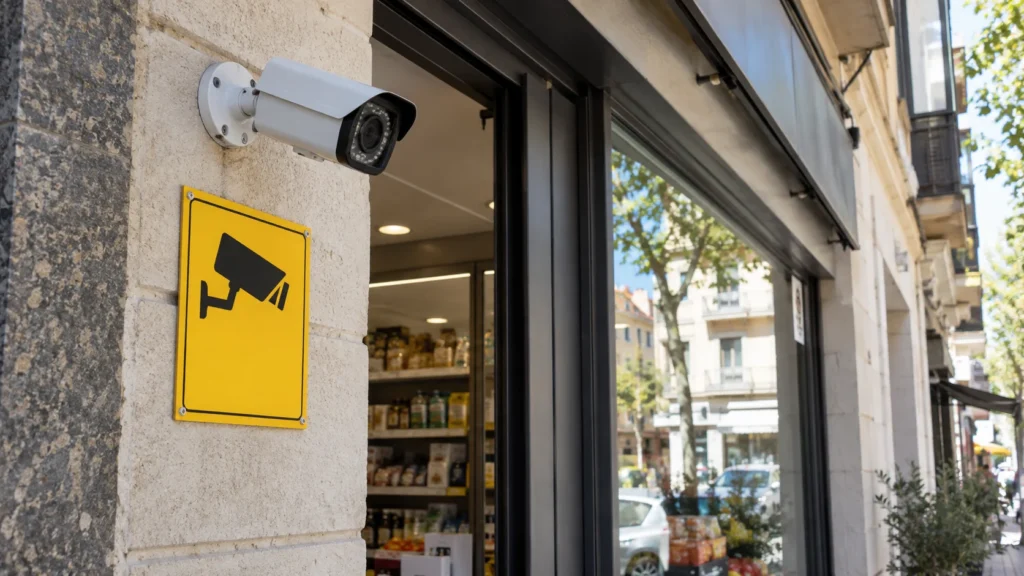Cámara de seguridad junto a un cartel informativo de zona videovigilada