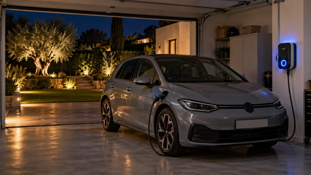 Coche eléctrico cargando por la noche en el garaje de una casa con un cargador de pared