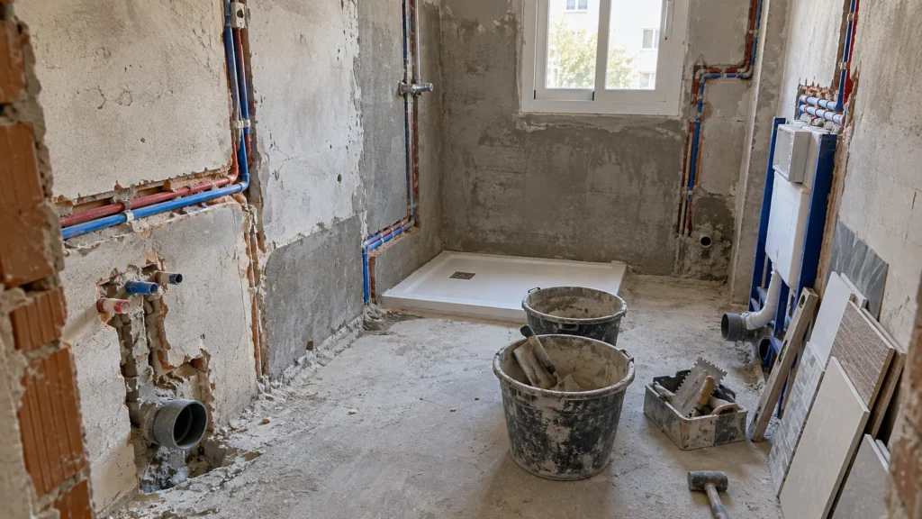 Baño en obra con tuberías nuevas y paredes a la vista durante una reforma