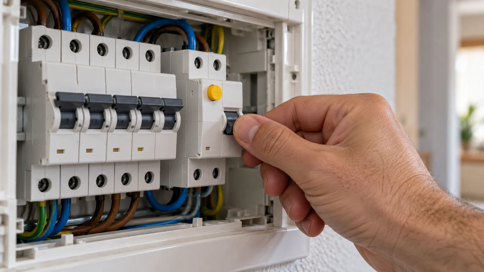 Mano bajando un interruptor diferencial en un cuadro eléctrico doméstico