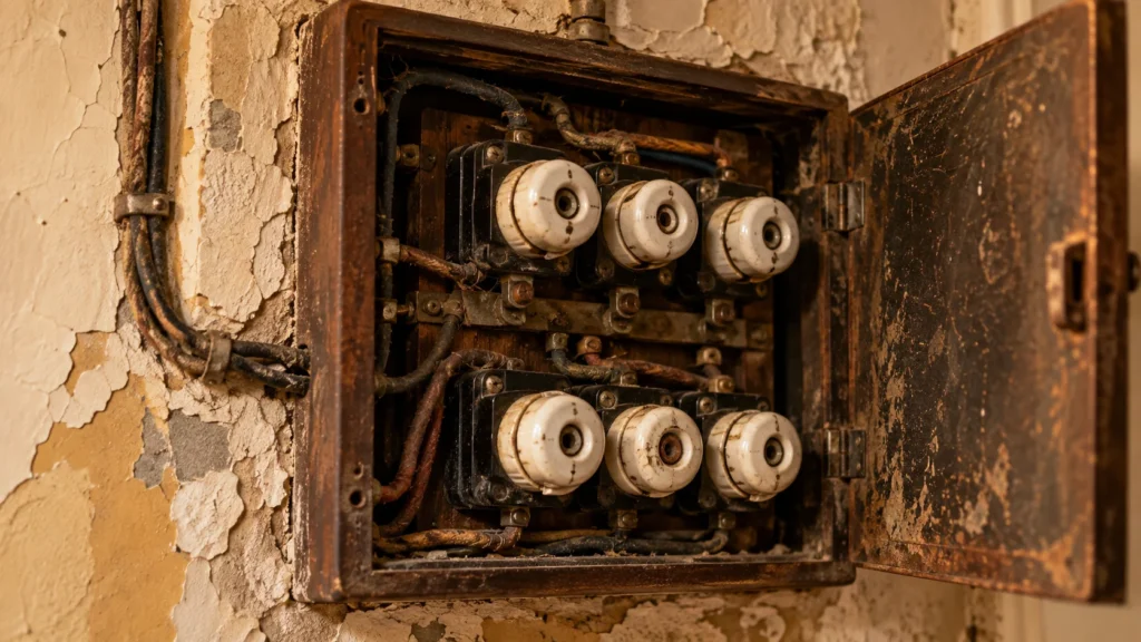 Cuadro eléctrico antiguo con fusibles de porcelana en una vivienda sin reformar