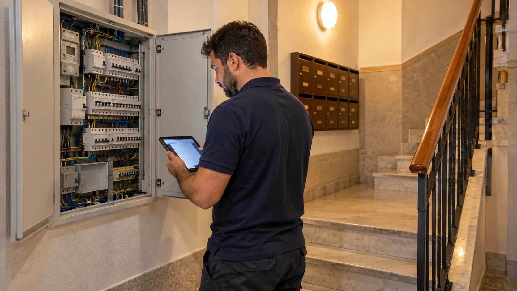 Técnico revisando el cuadro eléctrico de servicios comunes en la escalera de un edificio