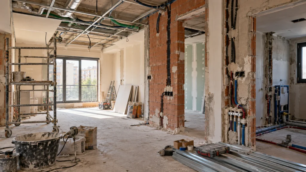 Vivienda en reforma integral con tabiques nuevos e instalaciones a la vista