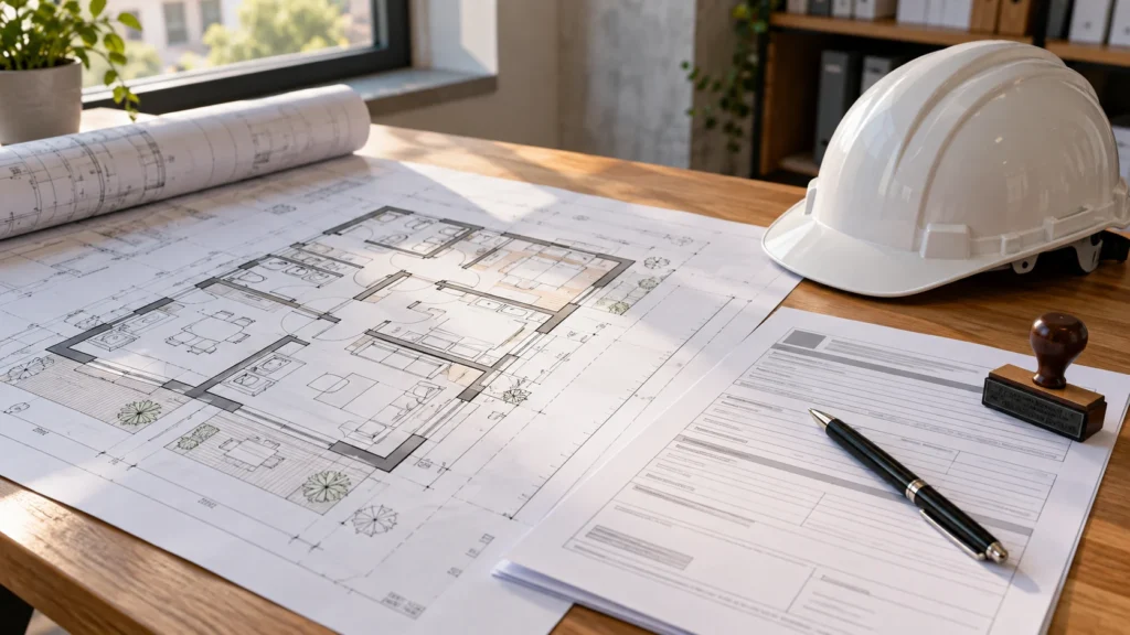 Documentación de un trámite de obras junto a un plano de reforma de vivienda