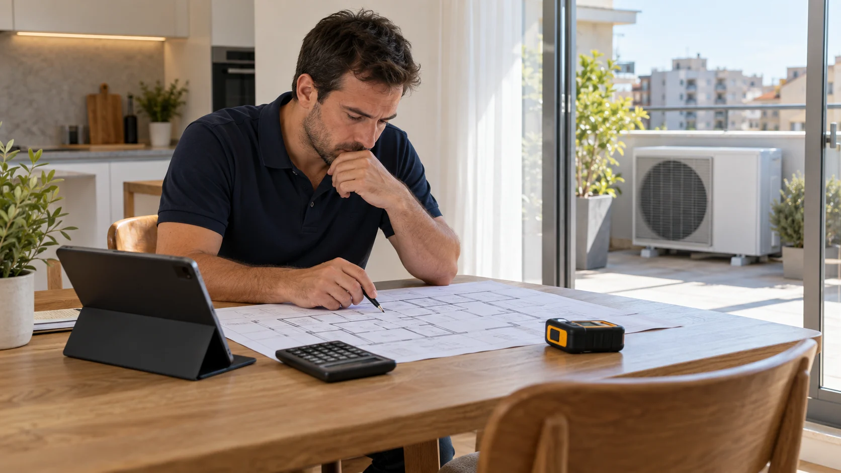 Técnico calculando la potencia de aerotermia necesaria con un plano de la vivienda