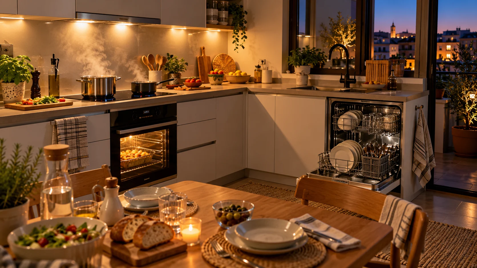 Cocina con horno, placa y lavavajillas funcionando a la vez, el momento de mayor consumo eléctrico