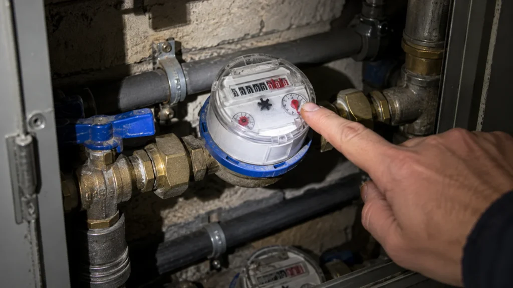 Contador de agua con la ruedecilla indicadora para comprobar si hay una fuga