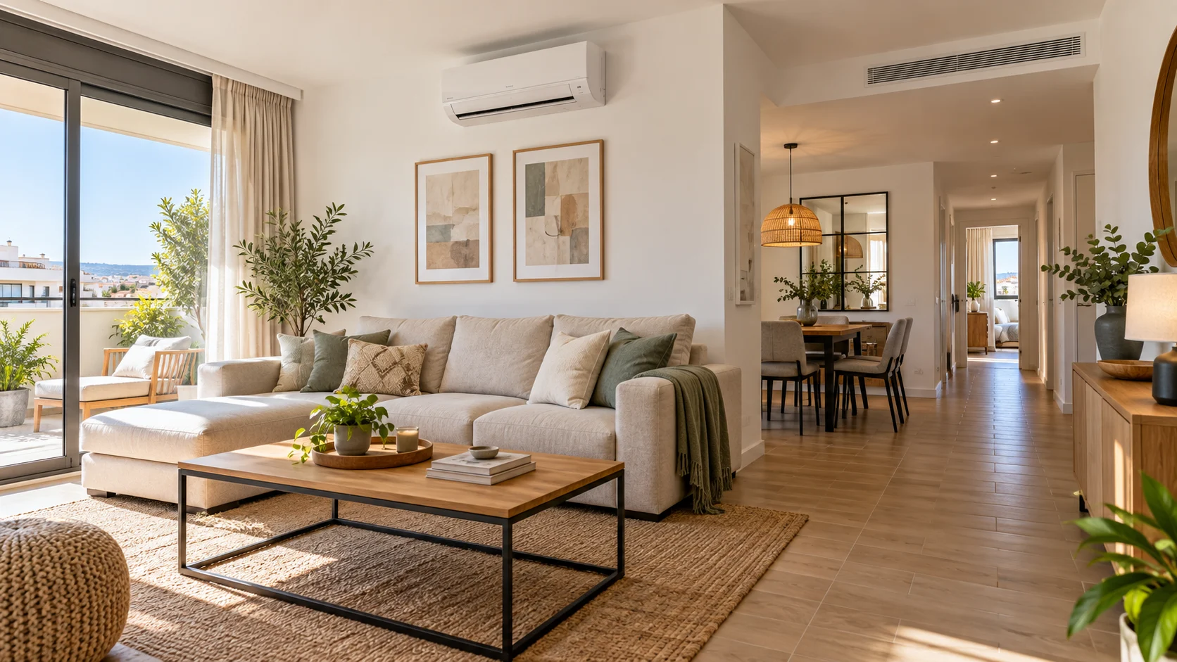 Salón con un aparato split de pared y rejilla de conductos en el techo para comparar sistemas de aire acondicionado