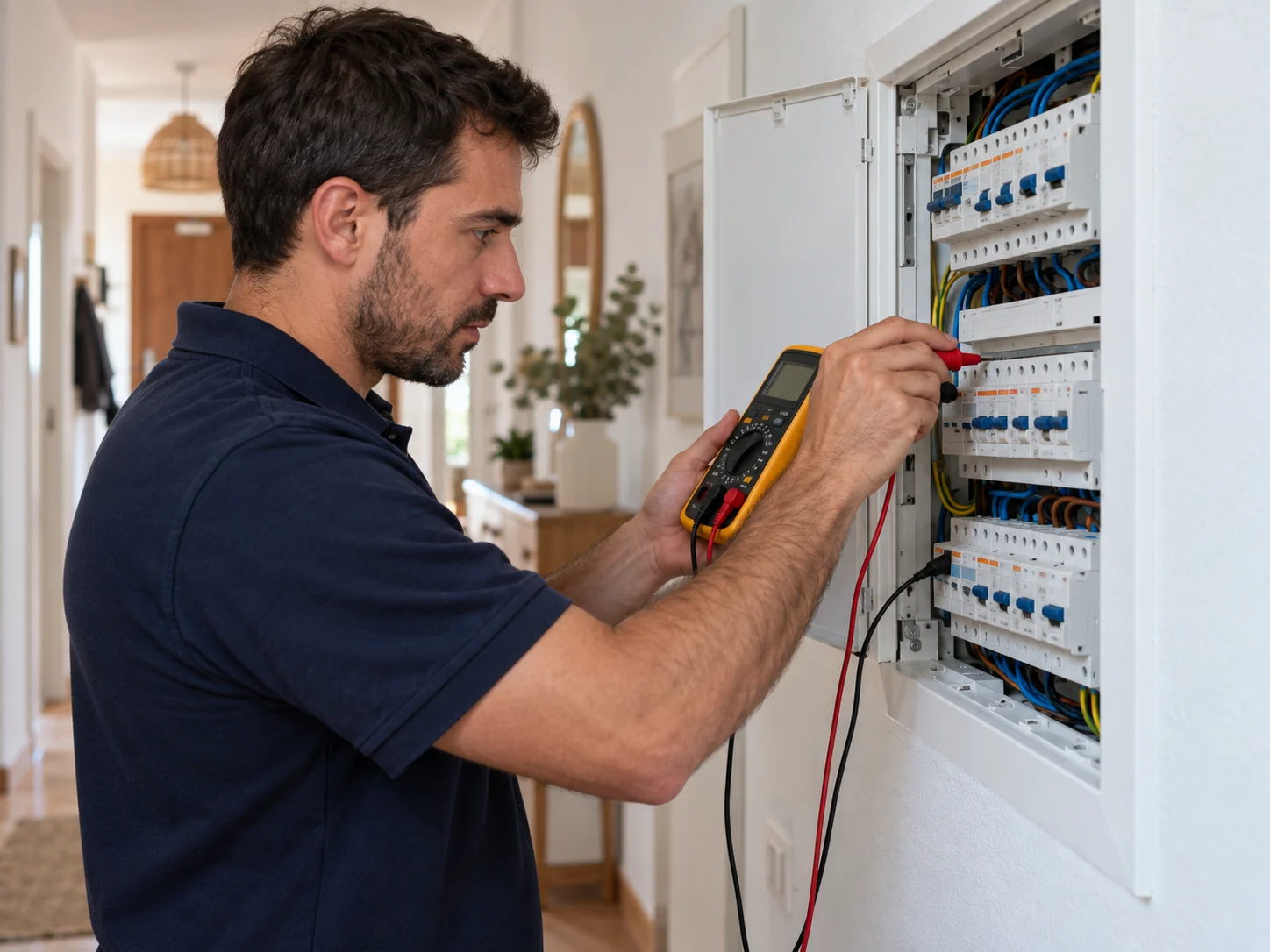 Electricista de CADI midiendo el aislamiento del cuadro eléctrico antes de emitir el boletín