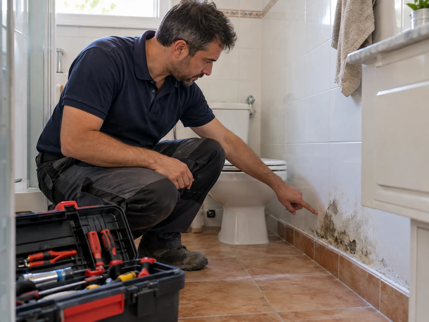 Fontanero de CADI revisando una mancha de humedad en la pared para localizar una fuga de agua