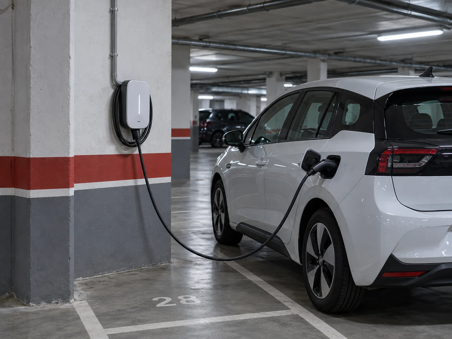 Cargador de pared para coche eléctrico instalado por CADI en un garaje comunitario