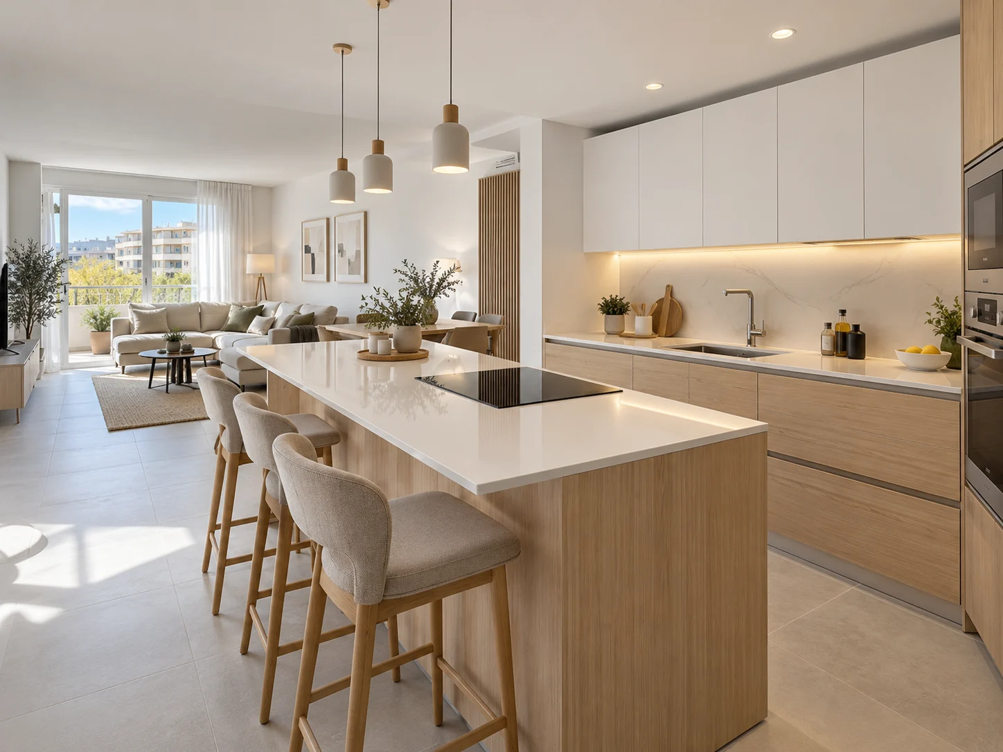 Cocina reformada por CADI abierta al salón con península y placa de inducción